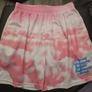 Eric Emanuel EE Basic Shorts in a pink and white tie-dye or 'Cloud' pattern.